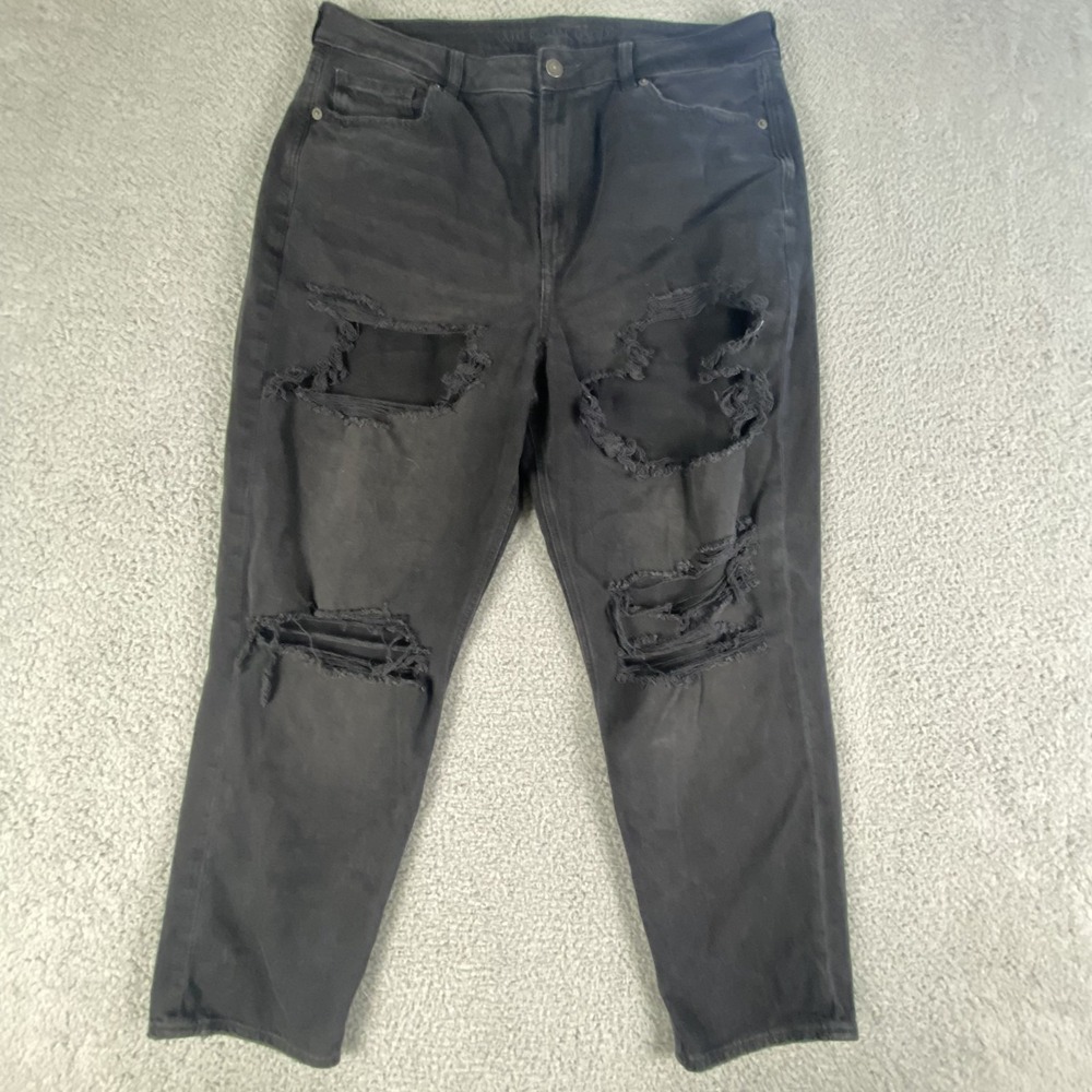 American‎ Eagle Jeans Womens 16 Black Mom Jean High Rise Dark Wash Distressed